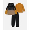 Deux par Deux Boy 3-In-1 Mid-Season Outerwear Set with Colorblock Jacket Beige Animals on Black Background - 3 of 4