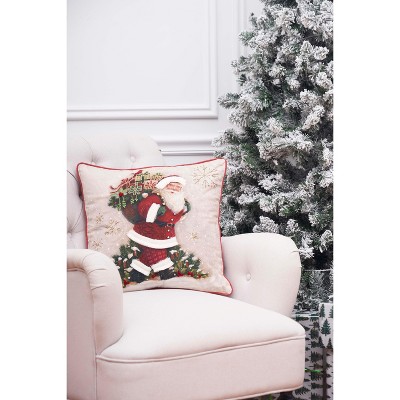 Green and Beige Square Christmas Throw Pillow with Santa Design