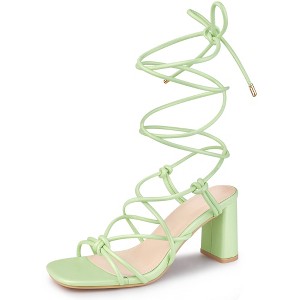 Perphy Women's Square Toe Strappy Lace Up Slingback Chunky Heel Sandals - 1 of 4