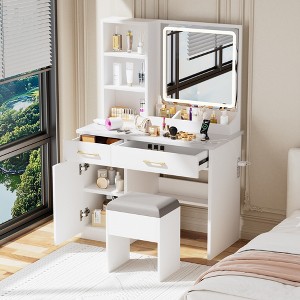 Gulches White Makeup Vanity Desk with Mirror,2 Outlets and 2 USB Ports, 3 Lighting Modes, Cabinet+Drawers+Storage Stool, Bedroom Dressing Table Set - 1 of 4