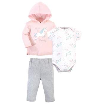Hudson Baby Infant and Toddler Girl Cotton Hoodie, Bodysuit or Tee Top and Pant Set, Glitter Unicorn Baby
