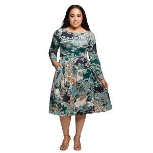 24seven Comfort Apparel Long Sleeve Midi Dress in Teal Paisley Floral Print - 1 of 3