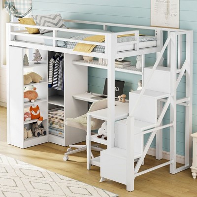 YOOCOZZ Metal Loft Bed with L-Shaped Desk, 5-Layer Shelf, USB Ports and Large Wardrobe - White