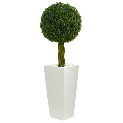 2.5ft Boxwood Ball Topiary Artificial Tree In White Tower Planter - Nearly Natural