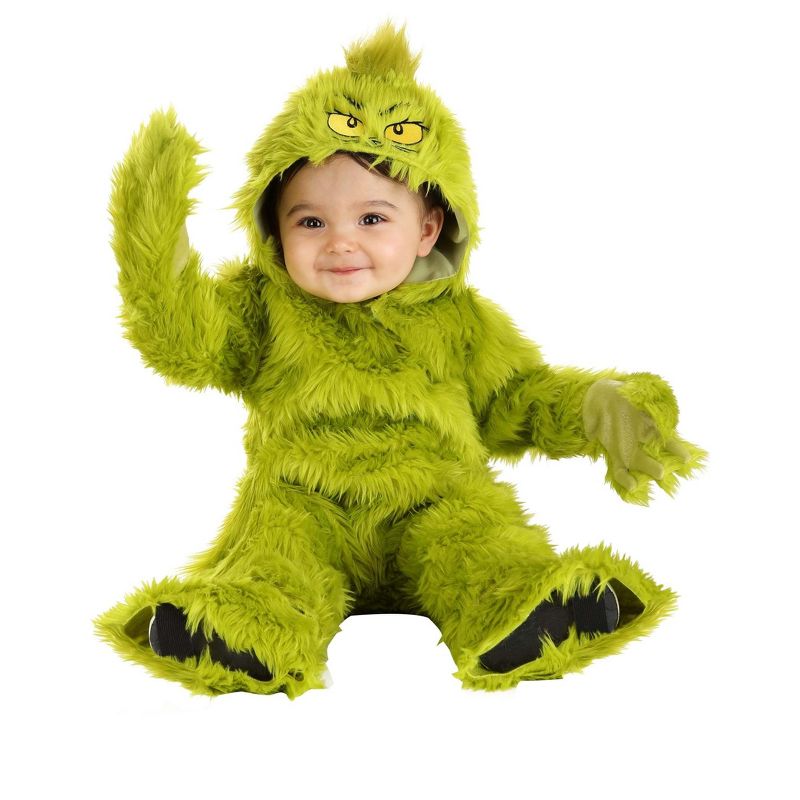 HalloweenCostumes.com 0-3 Months   Classic Infant Grinch Jumpsuit Costume, Green, 2 of 5