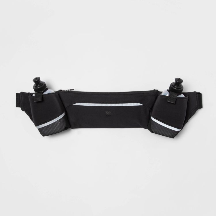 Black colored running belt with two water bottle holders and a zippered pocket.
