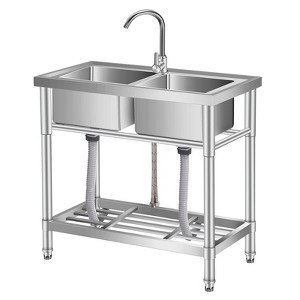 Stainless Steel Utility Sink, Freestanding Double Bowl with Pull-Out Hot & Cold Faucet, Storage Shelf - 1 of 4