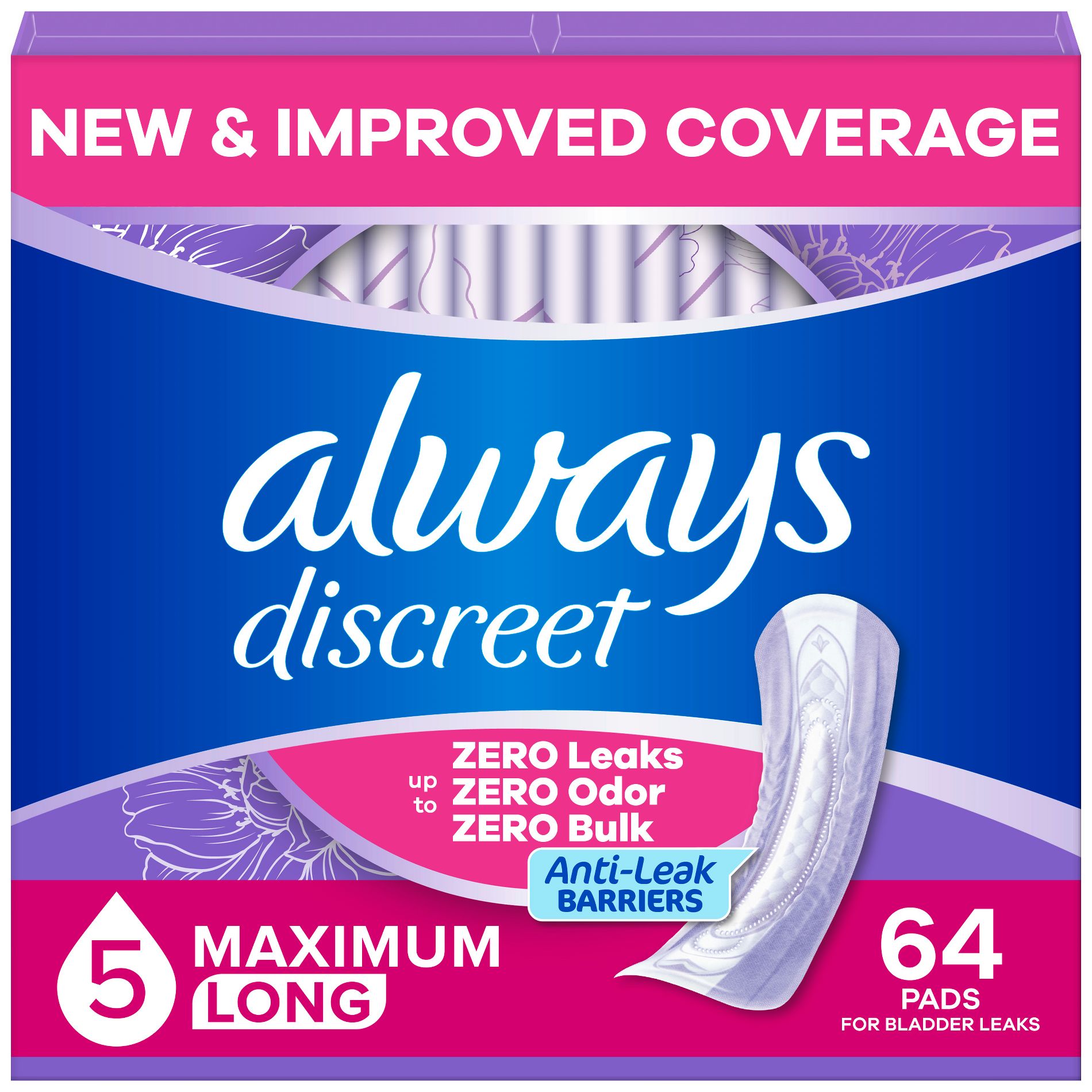 Always Discreet Drop Stock Up Box Incontinence Pads - Heavy - Long - 64ct