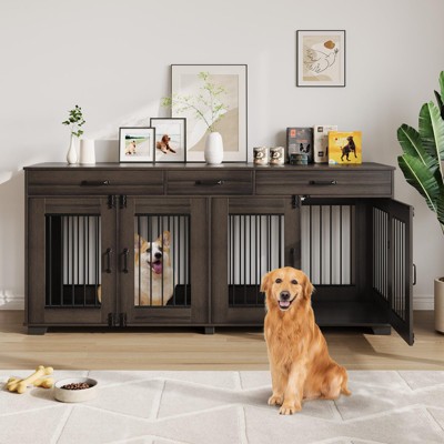 Double Dog Crate Furniture, 71 in  Indoor Wooden Dog Kennel with Removable Divider, 3 Drawers, for Medium Large Breeds, Brown+White