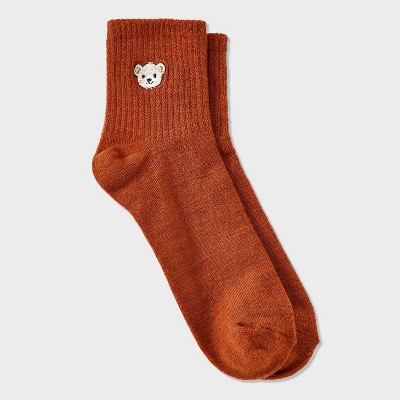 Women's Embroidered Teddy Bear Ribbed Ankle Socks - Copper 4-10: Lightweight, Banded Cuff, Animal Icon