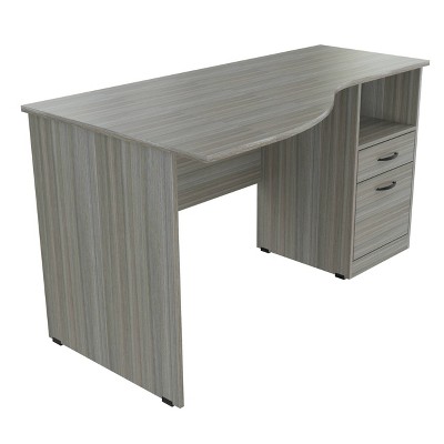 Curved Top Desk Smoke Oak - Inval: MDF Composite Office Table with File Drawer & Open Storage Shelf