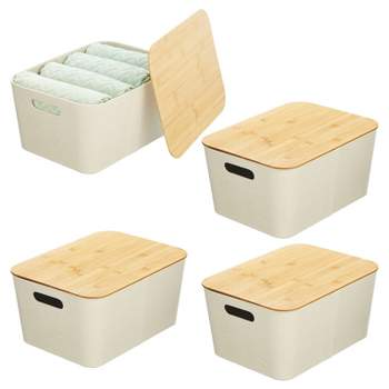 mDesign 10" Soft Fabric Stacking Storage Bin Box and Bamboo Lid Cover, 4 Pack