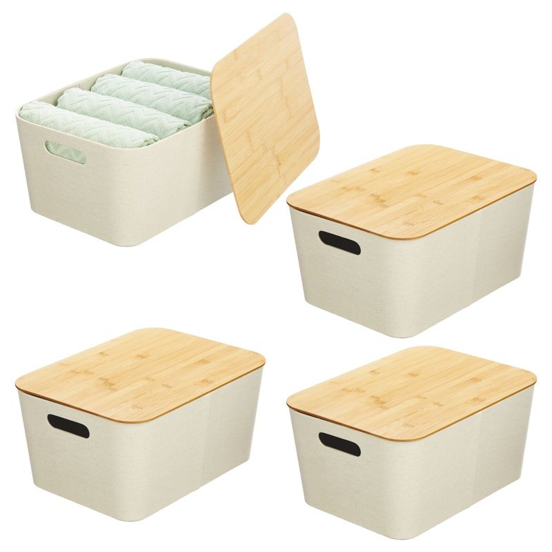 mDesign 10" Soft Fabric Stacking Storage Bin Box and Bamboo Lid Cover, 4 Pack, 1 of 8