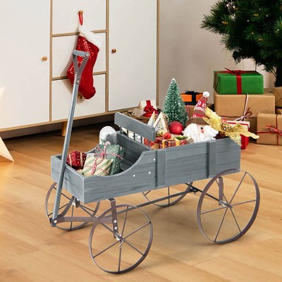 Gray Wooden Wagon Garden Planter with Metal Wheels