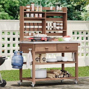 64.9"H Garden Potting Bench Table, Outdoor Kitchen Island with Wheels, Planting Work Bench with Stainless Steel Top for Patio Garden - 1 of 4