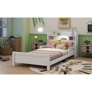 MAYEERTY Twin Pine Wood Bed with Bookcase Headboard, Safety Guardrails White - 1 of 4