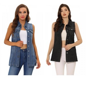 INSPIRE CHIC Women's Sleeveless Casual Button-Down Side Pockets Long Jean Vests 2 Packs - 1 of 4