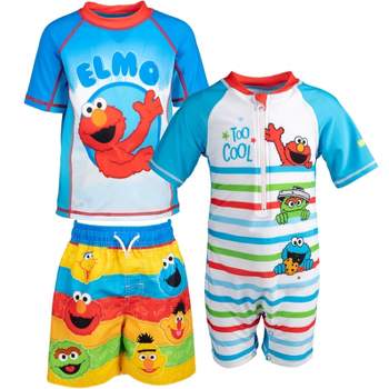 Sesame Street Oscar the Grouch Grover Elmo Sunsuit Rash Guard and Swim Trunks 3 Piece Swimsuit Set Toddler
