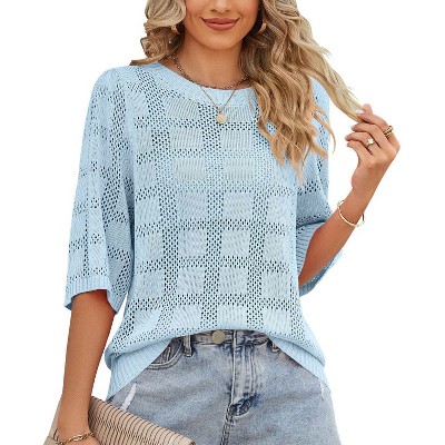 Bracelet Sleeve Tee Shirt for Women Summer Lightweight Crochet Tops Loose Fit Hollow Out Round Neck Sweater Short Sleeve Tops