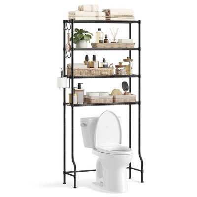 SONGMICS 4 Tier Over The Toilet Storage, Metal Storage Rack,4 Hooks, Roll Holder, Space-Saving Bathroom Storage Shelf Organizer
