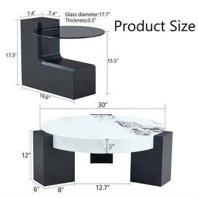 Modern White and Black MDF Coffee Table Set with Glass Top