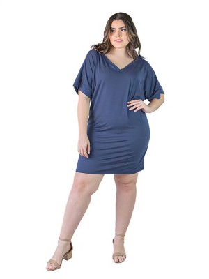 Plus Size V-neck Knee Length Loose Fit Dress -blue-2x : Target