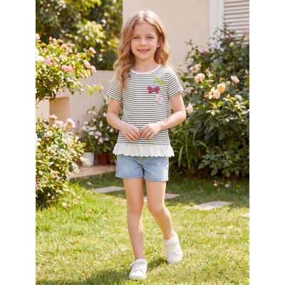 INSPIRE CHIC Girls Striped Summer Tops Cotton Short Sleeve Crewneck Ruffle Hem T-Shirts Medium White Black — фото 2