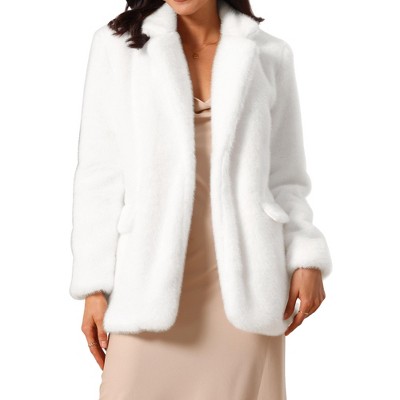 INSPIRE CHIC Women's Faux Fur Winter Open Front Notch Lapel Long Sleeve Fluffy One Button Coat