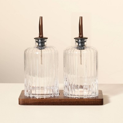 Oil & Vinegar Ribbed Glass Bottle Set with Wood Base - Hearth & Hand™ with Magnolia