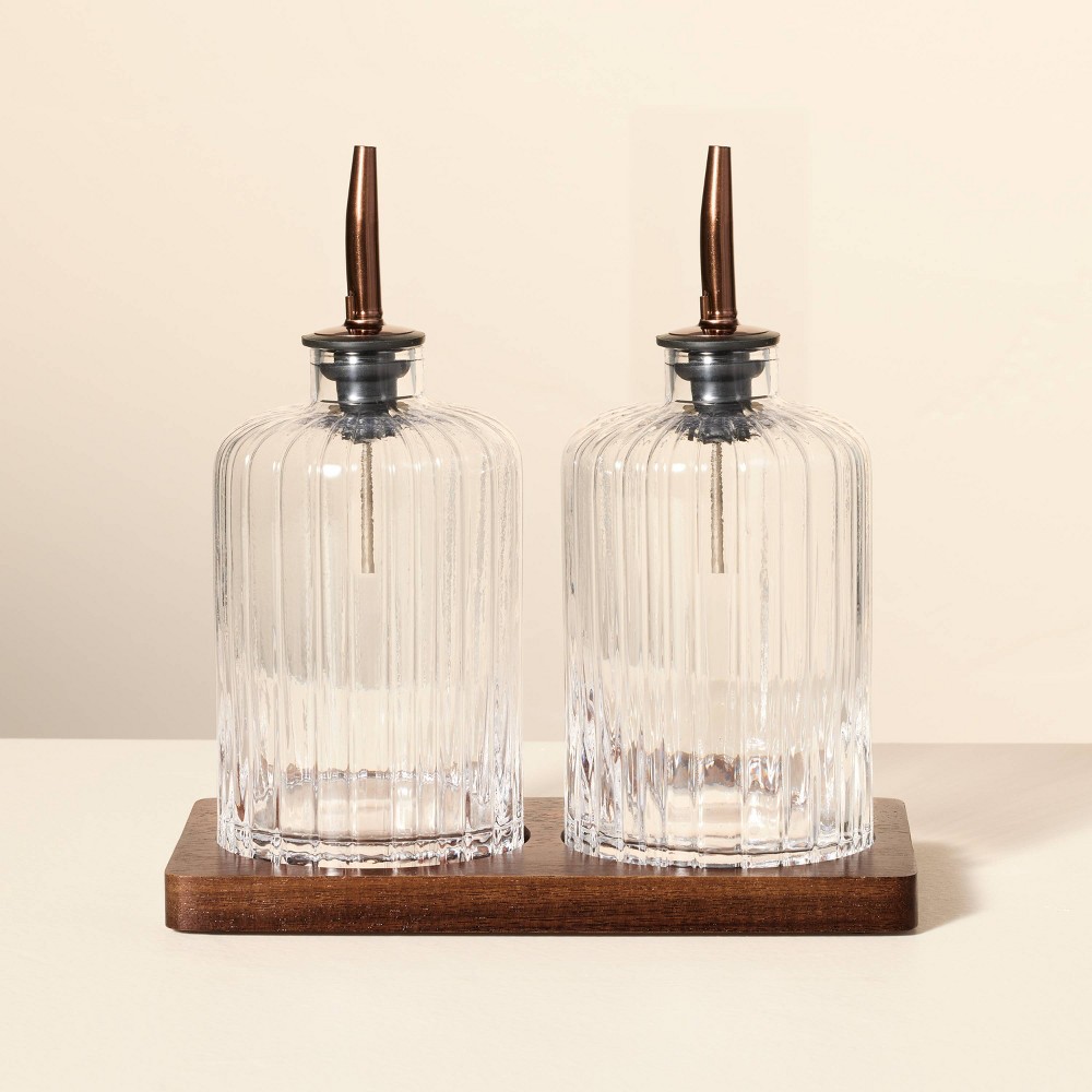 Oil &amp; Vinegar Ribbed Glass Bottle Set with Wood Base - Hearth &amp; Handâ„¢ with Magnolia