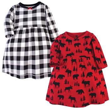 Hudson Baby Infant and Toddler Girl Cotton Long-Sleeve Dresses 2pk, Red Moose Bear