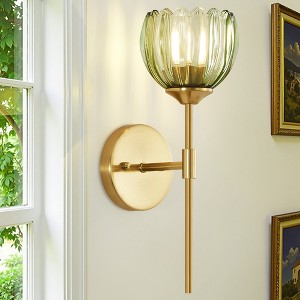POWLIG 14.57-in 1-Light Green Gold Iron Armed Wall Sconce With Tulip Glass Lampshade - 1 of 4