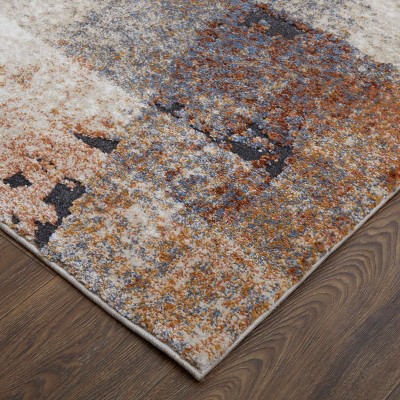 Ivory and Blue Geometric Stain-Resistant Synthetic Rug
