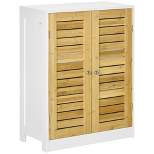 kleankin Bathroom Floor Cabinet, Side Storage Organizer Cabinet with Bamboo Doors, Adjustable Shelves for Bathroom, White and Natural