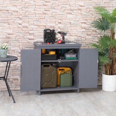 Gray Wooden Outdoor Storage Cabinet with Galvanized Top and Shelves