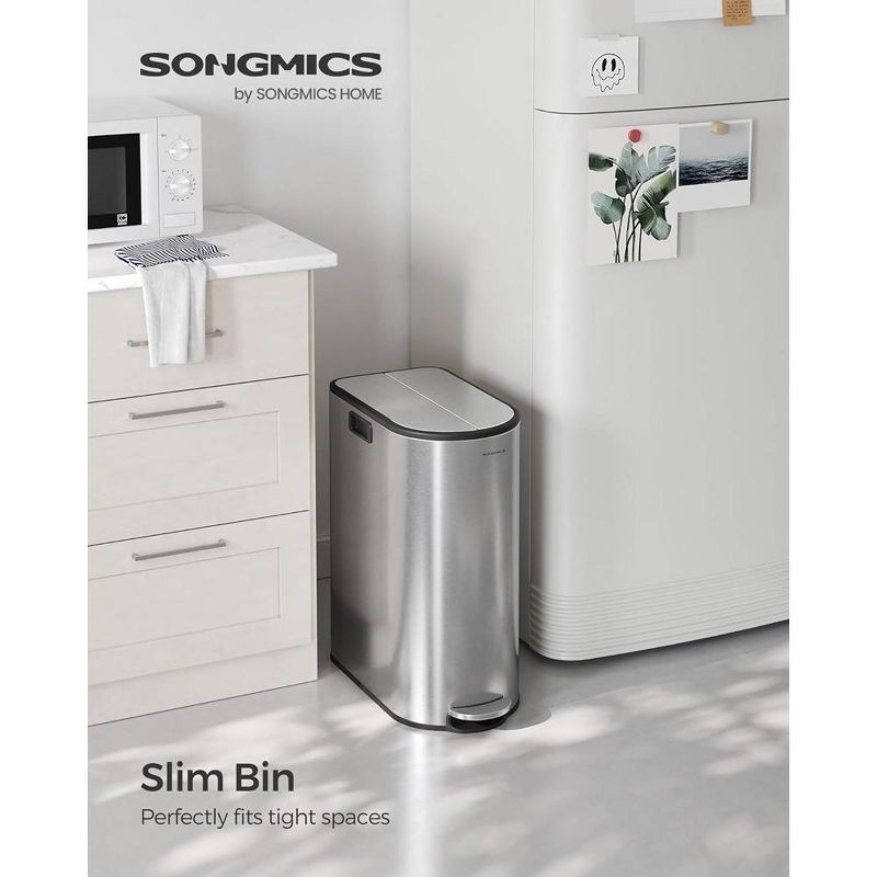 SONGMICS 13-Gallon Dual Kitchen Trash Can,Garbage Can with Wing Lids, Stainless Steel, Soft Close, Inner Buckets, 2 of 8