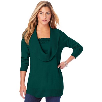 Roaman's Women's Plus Size Lace Trim Cowl Neck Sweater
