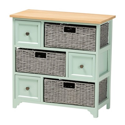 Mint Green and Oak Brown 3-Drawer Storage Unit with Wicker Baskets