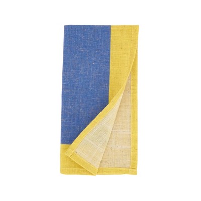 Colorful Block Border Blue and Yellow Linen Napkins, Set of 4