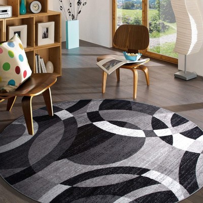 Gray Abstract Geometric Circles Round Area Rug 6'6"