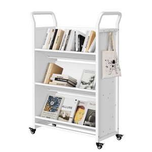 Garvee 3-Tier Rolling Book Cart on Wheels, V-Shaped Storage Bookshelf with Side Hooks for Library, School, White - 1 of 4