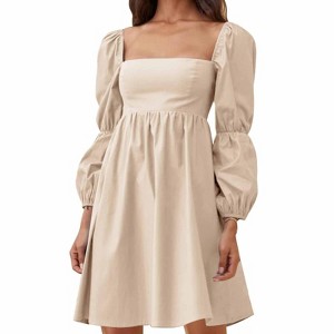 EXLURA Womens Square Neck Dress Long Puff Sleeve A-Line Casual Short Mini Dresses - 1 of 4