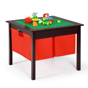 Costway 2-in-1 Kids Double-sided Activity Building Block Table W/ Drawers Brown - 1 of 4