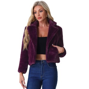 INSPIRE CHIC Women's Autumn Winter Cropped Notch Lapel Faux Fur Fluffy Jacket - 1 of 4