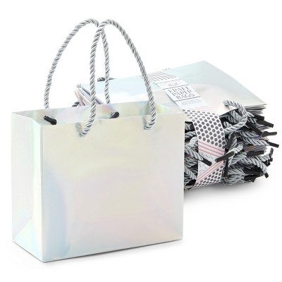 4) NEW Silver Chrome Paper Gift Bags W/ TISSUE PAPER & Tags Handles  10x8.5x4.5