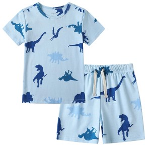 Owlivia Organic Cotton Toddler Short Sleeve Pajama Sets, Baby Summer 2Pc Sleepwear - Blue Dinosaur - 1 of 4