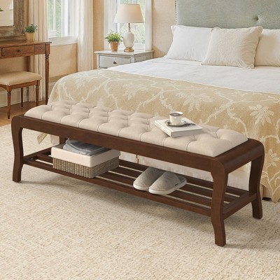 Arceso Bedroom Bench, 49" End of Bed Bench with Shelf, PU Leather Upholstered Entryway Bench with Wooden Legs, Storage Ottoman Bench for Bedroom