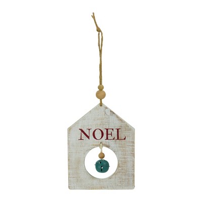 Northlight 8" Rustic Wooden White "NOEL" With Green Bell Christmas Ornament