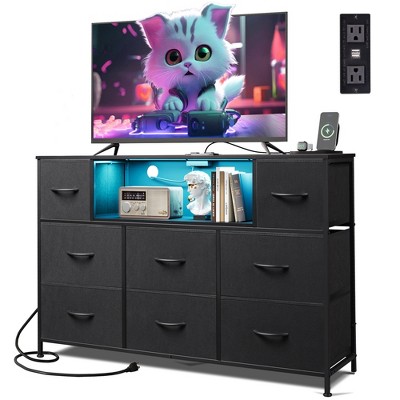 8-Drawer Fabric Dresser with Charging Station and LED Lights, TV Stand for 55-Inch