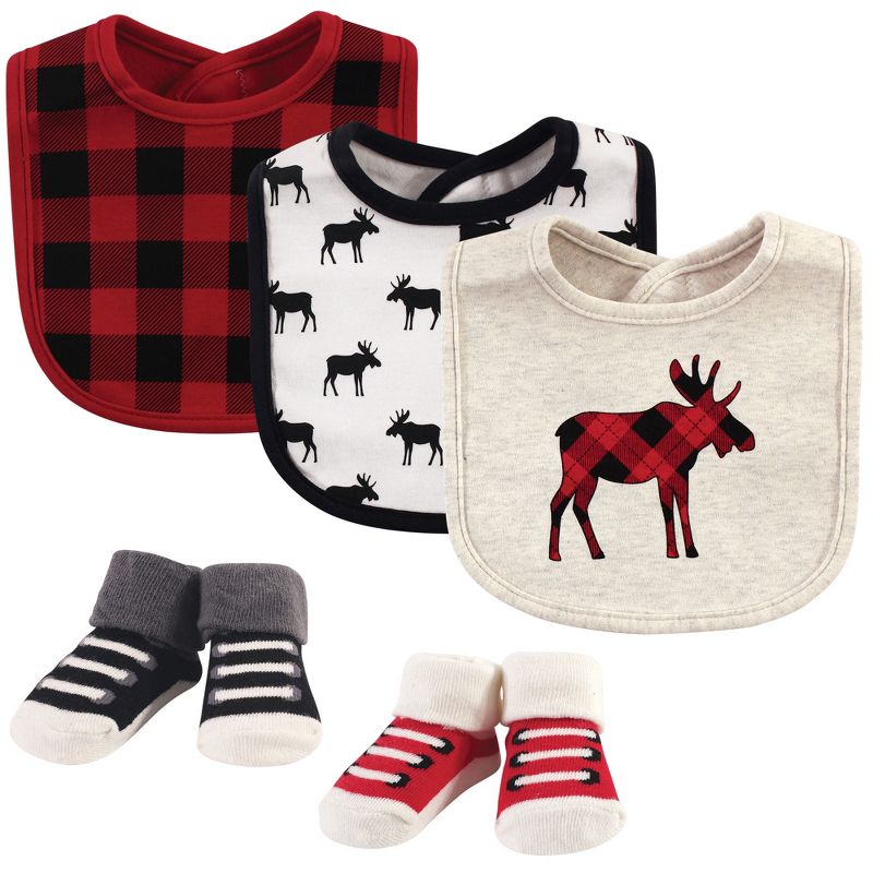 Hudson Baby Infant Cotton Bib and Sock Set 5pk, Moose, One Size, 1 of 8